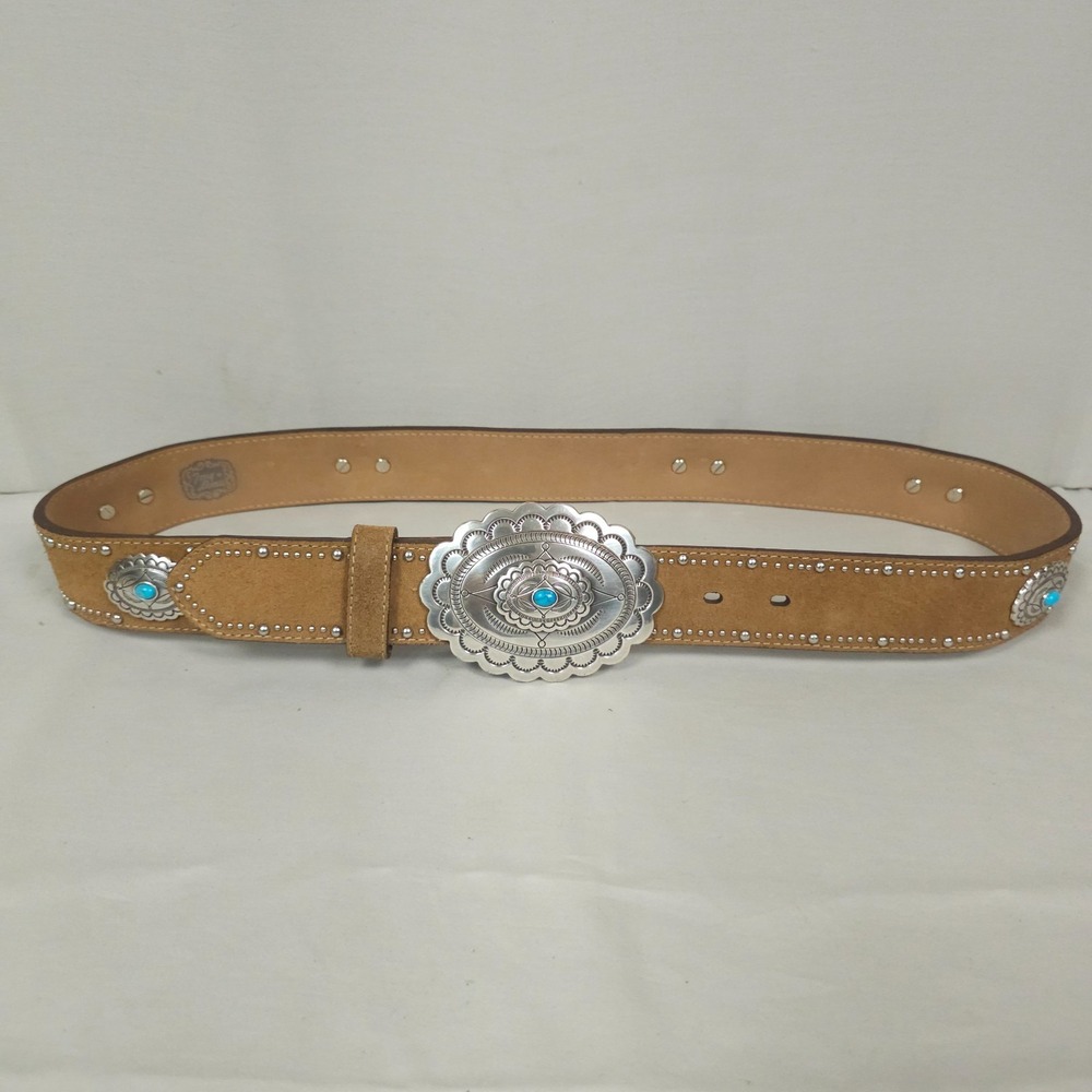 Tony Lama Western Concho Belt Size 36 Brown Suede Studded Faux Turquoise Silver - Picture 3 of 8